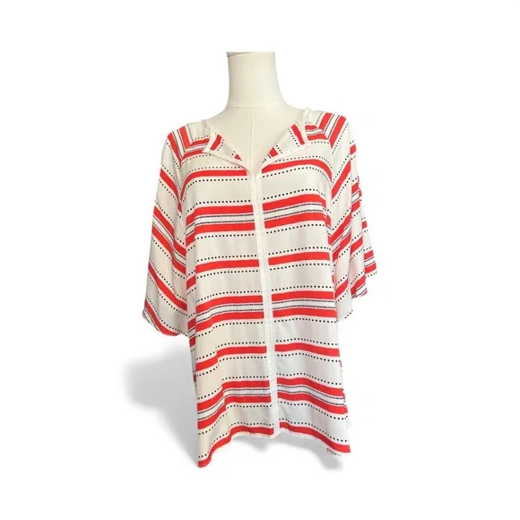 🧡🖤 NWOT ELLE Orange/Red, Black & White Pattern V-Neck Blouse | Sz L - Picture 1 of 7